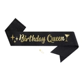 Detail of black glitter birthday queen sash with gold lettering and safety pin - Black Wine Glass QUEEN