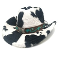 Chapeau de cowboy en fausse fourrure imprimé vache avec ruban ethnique brodé - Couronne Plate / Noir