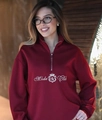 Detail of burgundy quarter-zip sweatshirt with Moda Club crown embroidery and ribbed cuffs - S / Thin Style / Burgundy
