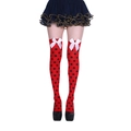 Red knee-high socks with black polka dots and white silk bows for party wear - One Size / Red Socks with Black Dots