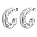 Detailed view of silver C-shaped titanium earrings with embedded cubic zirconia stones - Silver/White Zirconia