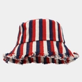 Detail shot of striped bucket hat featuring red, white, blue colors and frayed edges - M (56-58cm) / Red Navy Rice Striped