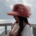 Elegant brick red wide brim sun hat with mesh flower detail for women beach vacation - Burgundy