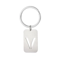 Brushed silver rectangle keychain with cutout letter V pendant on white background - Letter V