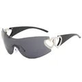 Y2K style wraparound sunglasses with dark grey lenses and silver heart decor - Black Frame Grey Lens
