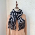 Winter zebra striped cashmere scarf with tassel decor shown on a model display - 185*65cm / Dark Gray