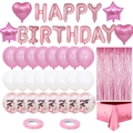 Detailed flat lay of 31-piece rose gold party decoration set with balloons and tablecloth - Pink