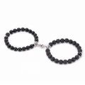 Lavastein und Magnet-Herz-Armbandset für Paare mit schwarzen Perlen und Silberverschluss - Schwarzer Achat und Lavastein