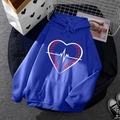 Dark blue fleece hoodie with white heart baseball print and kangaroo pocket flat lay - S / Tops / Dark Blue