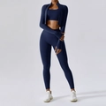 Three-piece navy blue yoga set featuring a high-waisted legging and zip-up jacket - Long Sleeve + Bra + Pants Badge Blue