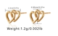 Macro view of 18K gold plated brass stud earrings with overlapping heart zircon design - Interlocking Hollow Double Heart Studs (KE1074) / 18K Gold