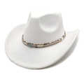 White suede western cowboy hat with snakeskin band and blue stone feather ornament - M (56-58cm) / White