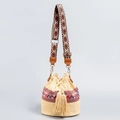 Straw bucket bag with vintage ethnic woven strap and decorative tassels - Beige