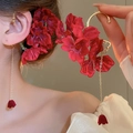 Elegant red fabric flower earrings with gold metal chains and delicate petal buds - Red Fabric Flower Ear Hook (9# Ear Hook)