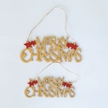 Cartel Merry Christmas de madera dorada con estrella roja y cuerda para el árbol - Pequeño / Dorado