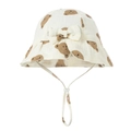 Macro detail of beige cotton baby sun hat with brown bear prints and bow decoration - Brown Bear