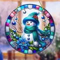 Christmas snowman acrylic ornament with blue floral patterns and colorful plaid border - 15x15cm