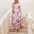 Floral puff sleeve maxi dress with deep V-neck and front buttons on a model outdoors - S / Rose Red