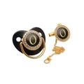 Luxury black and gold baby pacifier set with rhinestone letter O and matching chain clip - Letter O