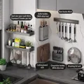 Wall-mounted gunmetal grey kitchen spice rack set with hooks and knife holder - 7-Piece Set Deluxe