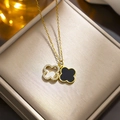 Golden titanium steel double clover necklace with black shell and diamond accents - 8888 Black Shell