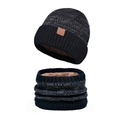 Winter knitted beanie and neck warmer set in black gray with thick warm fleece lining - 2-Piece Set - Black