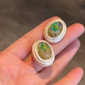 French vintage ivory amber earrings with colorful dried flowers and 18K gold plating - Green Dried Flower