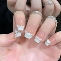 Short French white press-on nails with heart, pearl, and rhinestone accents for women - BY1033# Pearl and Diamond / Glue Type