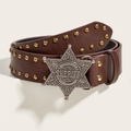 Brauner Ledergürtel im Punk-Stil mit Sheriff-Sternschnalle und Metallnieten - Kaffeebraun