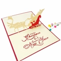 3D pop-up Christmas card featuring Santa Claus and reindeer sleigh on premium beige paper - Christmas Reindeer Sleigh