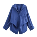 Classic deep blue long-sleeve shirt with lapel collar and single chest pocket - XS / Medium Blue