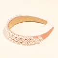 Elegant pink satin headband embellished with white faux pearls for a baroque luxury style - Pearl Pink