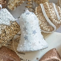 Sparkly white bell Christmas ornament with silver star sequins and champagne gold beads - White Large Sequin Bell 9cm