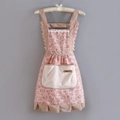 Pink apron with daisy pattern, white lace edges and ruffled pockets for kitchen work - Strap Floral Princess Style-Towel Pocket Pink