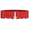 Elastic wide red cinch waist belt with woven faux leather texture and silver metal buckle - Red