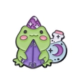 Cute green enamel wizard frog brooch with purple star hat holding dice charm - Frog With Dice And Potion Style (xz8481)