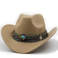 Detail of khaki wool felt cowboy hat with turquoise stone and beaded ethnic strap decoration - M (56-58cm) / Camel