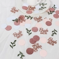 Detailed view of rose gold glitter Bride to be confetti and circles for party decor - Leaves + Rose Gold Bride to be + Rose Gold/Pink/White Circles (100pcs)