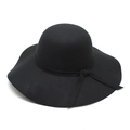 Elegant black wide brim wool felt fedora hat with stylish wavy edge and ribbon bow - M (56-58cm) / Black