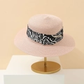 Elegant wide brim straw Panama hat in light pink with decorative geometric ribbon - M (56-58cm) / Lotus Pink