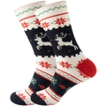 Détails des chaussettes de Noël tricotées avec motifs de rennes et texture de flocons - Taille 39-45 / Élan Marine Traditionnel