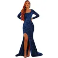 Sparkling bright blue sequin velvet evening gown with long sleeves and high slit design - US size 2 (S) / Top And Bottom / Navy Blue