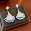 Pendientes vintage plateados en forma de abanico con gemas azules y blancas - 3# Pin de Plata-Plata-Azul-Diamantes de Imitación en Forma de Abanico
