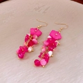 Detailed view of pink flower dangle earrings with elegant pearl tassels and gold hooks - 23# Ear Hook - Gold - Rose Pink - Flower Beaded Tassel
