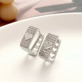Silver rectangle hoop earrings with micro-paved zircons and side hollow heart detail - Rectangular Pave Silver Hoop Earrings (白K8372)