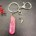 Detail of pink crystal teardrop and silver moon charm keychain on black leather - Pink (Crescent Smile)
