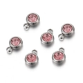 Set of 6 silver stainless steel 6mm round pink birthstone charms for DIY jewelry making - Steel-Pink