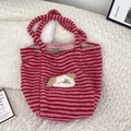 Detail of pink and red striped plush tote bag with cute white puppy cartoon embroidery - Pink Stripe Horizontal (Large)