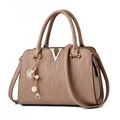 Brown embossed leather handbag with V-logo and pearl charm on white background - Khaki