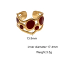 Detail view of 18k gold plated ring with red enamel circles and dimension markings - Adjustable Open / Red